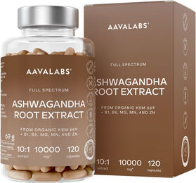 Aavalabs Bio Ashwagandha KSM 66 10.000 mg mit Magnesium, Zink und Vitaminen, vegan und glutenfrei, 120 Kapseln – Bild 1 von 2