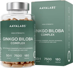 Aavalabs Ginkgo Biloba Kapseln mit Bacopa, Ginseng und Vitamin B, vegan und glutenfrei, 180 Kapseln – Bild 1 von 1