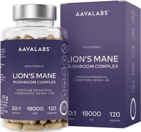 Aavalabs Kräuter-Komplex Lion's Mane Hericium Erinaceus mit Reishi, Cordyceps und Zink, 120 Kapseln, vegan und glutenfrei – Bild 1 von 2
