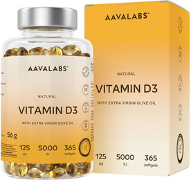 Aavalabs Vitamin D3 5000 IE hochdosiert Kapseln 365 Stück glutenfrei ohne Zusatzstoffe – Bild 1 von 2