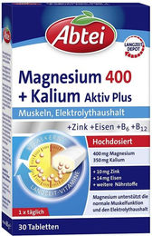 Abtei Magnesium 400 mg und Kalium Aktiv Plus Tabletten für Erwachsene Kinder und Sportler 60 Stück – Bild 1 von 3