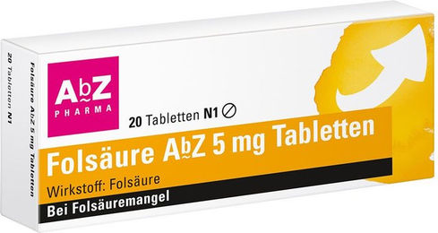 AbZ Folsäure 5 mg Tabletten 20 Stück vegetarisch glutenfrei für Schwangere und Stillende – Bild 1 von 1