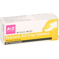 Produktbild von AbZ Folsäure 5 mg Tabletten 50 Stück vegetarisch glutenfrei für Schwangere und Stillende