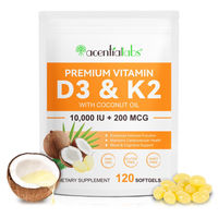 Produktbild von Acential Labs Vitamin D3 K2 Nahrungsergänzungsmittel mit 10000 IE und 200 mcg MK7, glutenfrei, 120 Kapseln