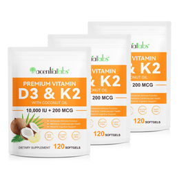 Acential Labs Vitamin D3 K2 Nahrungsergänzungsmittel mit 10000 IE und 200 mcg MK7, glutenfrei, 360 Kapseln – Bild 1 von 1
