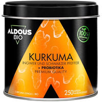 Produktbild von Aldous Bio Kurkuma Kapseln mit Probiotika, Ingwer und schwarzem Pfeffer Extrakt, 250 Stück