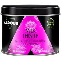 Produktbild von Aldous Bio Mariendistel Kapseln mit Kurkuma Artischocke Löwenzahn und Desmodium vegan glutenfrei laktosefrei 150 Stück
