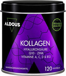 Aldous Kollagen mit Hyaluronsäure und Coenzym Q10 Kapseln, 120 Stück, glutenfrei und laktosefrei – Bild 1 von 3