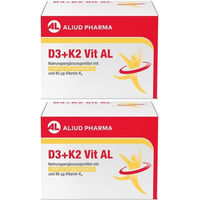 Produktbild von Aliud Pharma D3 + K2 Vit AL 1000 IE und 80 µg Kapseln vegetarisch, laktosefrei und glutenfrei für Erwachsene und Senioren, 90 Kapseln
