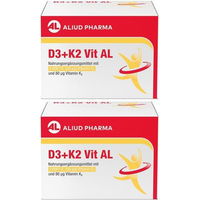 Produktbild von Aliud Pharma D3 + K2 Vit AL Kapseln mit 2000 I.E. Vitamin D3 und 80 µg Vitamin K2, vegetarisch, laktosefrei und glutenfrei, 90 Kapseln