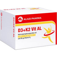 Produktbild von Aliud Pharma D3 + K2 Vit AL mit 2000 I.E. Vitamin D3 und 80 µg Vitamin K2 Kapseln für Erwachsene 90 Stück