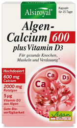 Alsiroyal Algen-Calcium 600 plus Vitamin D3 Kapseln mit Algenkalk Sango vegan vegetarisch glutenfrei laktosefrei für Erwachsene – Bild 1 von 1