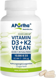 APOrtha Vitamin D3 10000 IE und Vitamin K2 MK-7 Cyclo 200 µg Kapseln Vegan ohne Zusatzstoffe 120 Kapseln – Bild 1 von 1