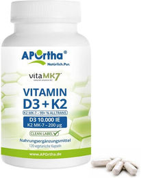 APOrtha Vitamin D3 10000 IE und Vitamin K2 vitaMK7 200 µg Kapseln vegan 120 Stück – Bild 1 von 1