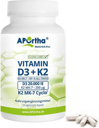APOrtha Vitamin D3 20.000 IE und Vitamin K2 MK-7 Cyclo 200 µg Kapseln vegan vegetarisch 120 Stück – Bild 1 von 1