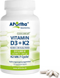 APOrtha Vitamin D3 5000 IE und Vitamin K2 MK-7 Cyclo 200 µg Kapseln vegan vegetarisch 120 Stück – Bild 1 von 1