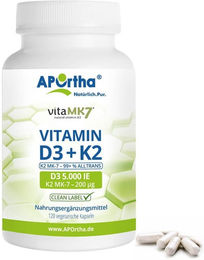 APOrtha Vitamin D3 5000 IE und Vitamin K2 MK7 200 µg Kapseln vegan 120 Stück – Bild 1 von 1