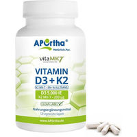Produktbild von APOrtha Vitamin D3 5000 IE und Vitamin K2 MK7 200 µg Kapseln vegan 120 Stück