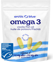 Arctic Blue Omega-3 Fischöl Kapseln mit Vitamin D hochdosiert mit 550 mg DHA und 275 mg EPA MSC-zertifiziert 30 Kapseln – Bild 1 von 1