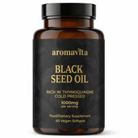 Produktbild von Aromavita Schwarzkümmelöl Kapseln mit 1,8% Thymochinon, kaltgepresstes Nigella Sativa Öl, 60 vegane Softgelkapseln, ohne Zusatzstoffe, laborgeprüft