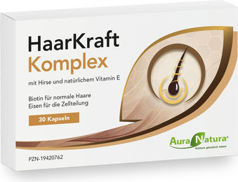Aura Natura Haarvitamine mit Hirse-Extrakt, Biotin und Vitamin B5, B6 und E, vegan, glutenfrei und laktosefrei, 30 Kapseln – Bild 1 von 1