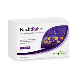 AuraNatura NachtRuhe Kapseln mit Baldrian, B6, B12 und Vitamin D3, vegetarisch, 60 Stück – Bild 1 von 2