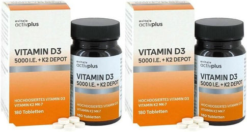 Avitale activplus D3 5000 IE + K2 Depot hochdosierte Tabletten vegan laktosefrei glutenfrei 180 Stück – Bild 1 von 2