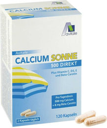Avitale Calcium Sonne 500 Kapseln mit 500 mg Calcium und 6 mg Beta-Carotin, 120 Stück, laktosefrei und glutenfrei – Bild 1 von 1