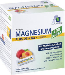 Avitale Magnesium 400 mg mit Vitamin D3 und K2 Direktsticks Pfirsich-Maracuja vegan glutenfrei laktosefrei – Bild 1 von 1