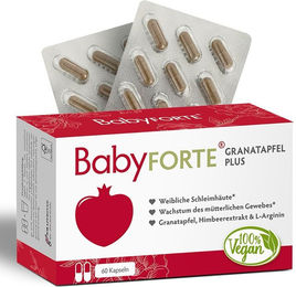 BabyFORTE Granatapfel Plus Kapseln vegan mit Granatapfel Extrakt, Folsäure und L-Arginin für Frauen, Schwangere und Stillende – Bild 1 von 3
