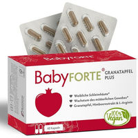 Produktbild von BabyFORTE Granatapfel Plus Kapseln vegan mit Granatapfel Extrakt, Folsäure und L-Arginin für Frauen, Schwangere und Stillende