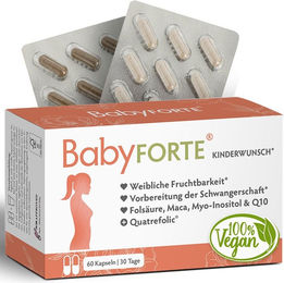 BabyFORTE Kinderwunsch Vitamine Kapseln vegan mit 800 µg Folsäure, Quatrefolic, Maca und Q10 für Frauen, Schwangere und Stillende – Bild 1 von 2