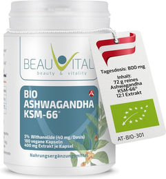 BEAUVITAL Bio-Ashwagandha KSM-66 hochdosierter 12:1 Premiumextrakt mit 5% Withanoliden vegane Kapseln 180 Stück – Bild 1 von 2