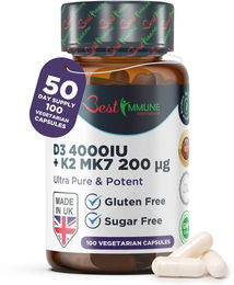 Best Immune International Vitamin D3 und K2 MK7 Kapseln mit 4000 IE und 200 mcg ohne Zusatzstoffe 100 Stück – Bild 1 von 4