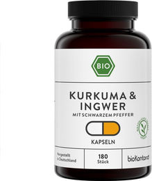 bioKontor Kurkuma Ingwer und schwarzer Pfeffer Kapseln Bio Vegan 180 Stück – Bild 1 von 3