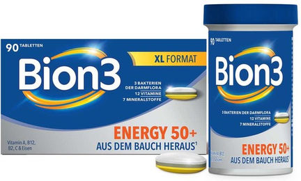 Bion3 Energy 50+ Tabletten mit Vitamin B12, Vitamin C, Zink, Eisen und Bakterienkulturen für Senioren, 90 Stück – Bild 1 von 4