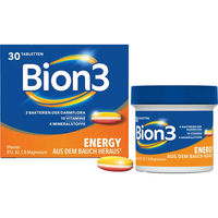 Produktbild von Bion3 Energy Tabletten mit Vitamin B12, Vitamin C, Magnesium und Bakterienkulturen für Erwachsene, 30 Stück