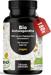 Bloom Naturals Ashwagandha KSM-66 Bio Extrakt 600 mg Kapseln 180 Stück vegan und ohne Zusatzstoffe – Bild 1 von 1