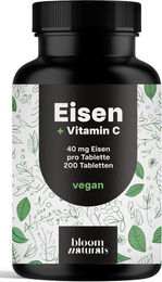 Bloom Naturals Eisen mit Vitamin C 40 mg Tabletten vegan glutenfrei ohne Zusatzstoffe 200 Stück – Bild 1 von 1