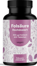 Bloom Naturals Folsäure Tabletten 400µg vegan für Frauen, Schwangere und Stillende 400 Stück – Bild 1 von 1