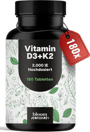 Bloom Naturals Vitamin D3 K2 hochdosiert ohne Zusatzstoffe 2000 IE 180 Tabletten – Bild 1 von 1