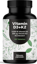 Bloom Naturals Vitamin D3 K2 Tabletten hochdosiert mit 5000 IE - 120 Tabletten – Bild 1 von 1