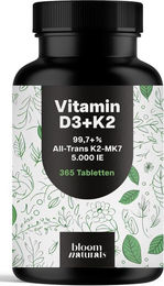 Bloom Naturals Vitamin D3 K2 Tabletten hochdosiert ohne Zusatzstoffe 5000 IE 365 Stück – Bild 1 von 1