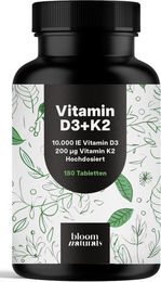 Bloom Naturals Vitamin D3 + K2 Tabletten mit 10.000 IE D3 und 200 µg K2-MK7 180 Stück – Bild 1 von 1