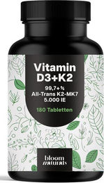 Bloom Naturals Vitamin D3 K2 Tabletten mit 5000 IE und K2-MK7 vegetarisch 180 Stück – Bild 1 von 1