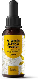Bloom Naturals Vitamin D3 K2 Tropfen ohne Zusatzstoffe 1000 IE D3 und 20 µg K2 50 ml für Erwachsene und Kinder – Bild 1 von 1
