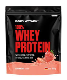 Body Attack 100% Whey Protein Pulver Erdbeere 900 g mit Hydrolysat glutenfrei und ohne Aspartam – Bild 1 von 2