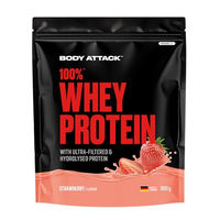Produktbild von Body Attack 100% Whey Protein Pulver Erdbeere 900 g mit Hydrolysat glutenfrei und ohne Aspartam