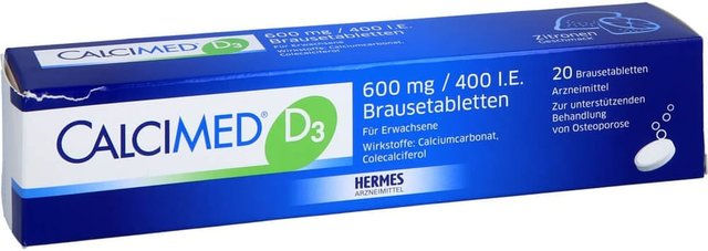 Calcimed D3 Hermes Arzneimittel Brausetabletten mit Calcium Carbonat 600 mg und 400 I.E. 20 Stück – Bild 1 von 3