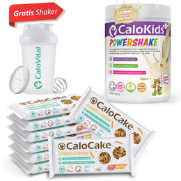 CaloCake Zunahme-Bundle für Kinder: 8x Hochkalorische Proteinriegel Cookies & Cream und 500g CaloKids+ Powershake Vanille vegan und laktosefrei – Bild 1 von 3
